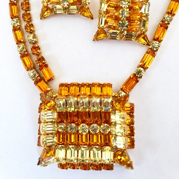 Vintage KRAMER OF NEW YORK Art Deco Yellow Orange Rhinestone Necklace Earrings - Picture 3 of 14